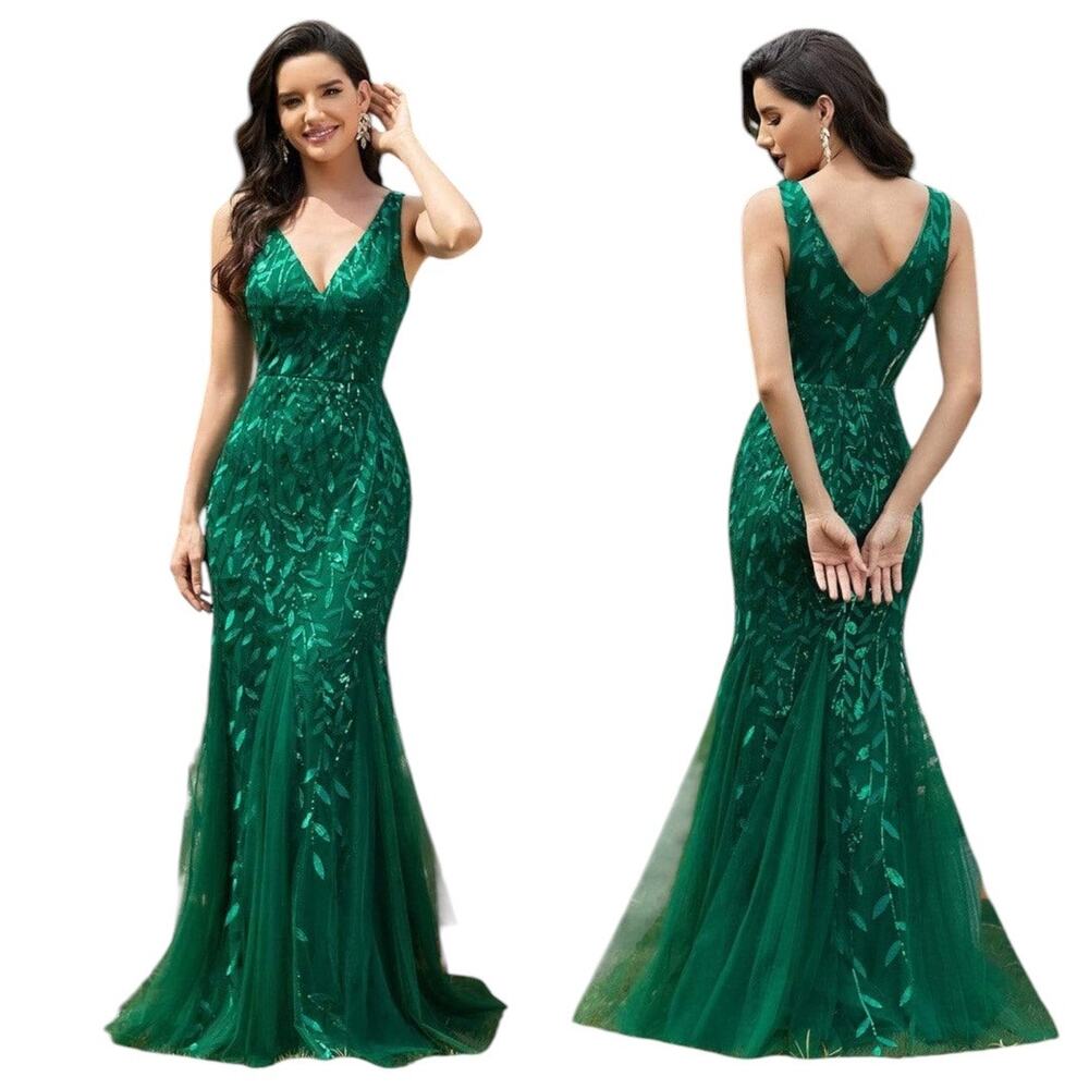 Women's Size L/8 Sexy Double V-Neck Mermaid Sequin Evening Maxi Tulle Dress